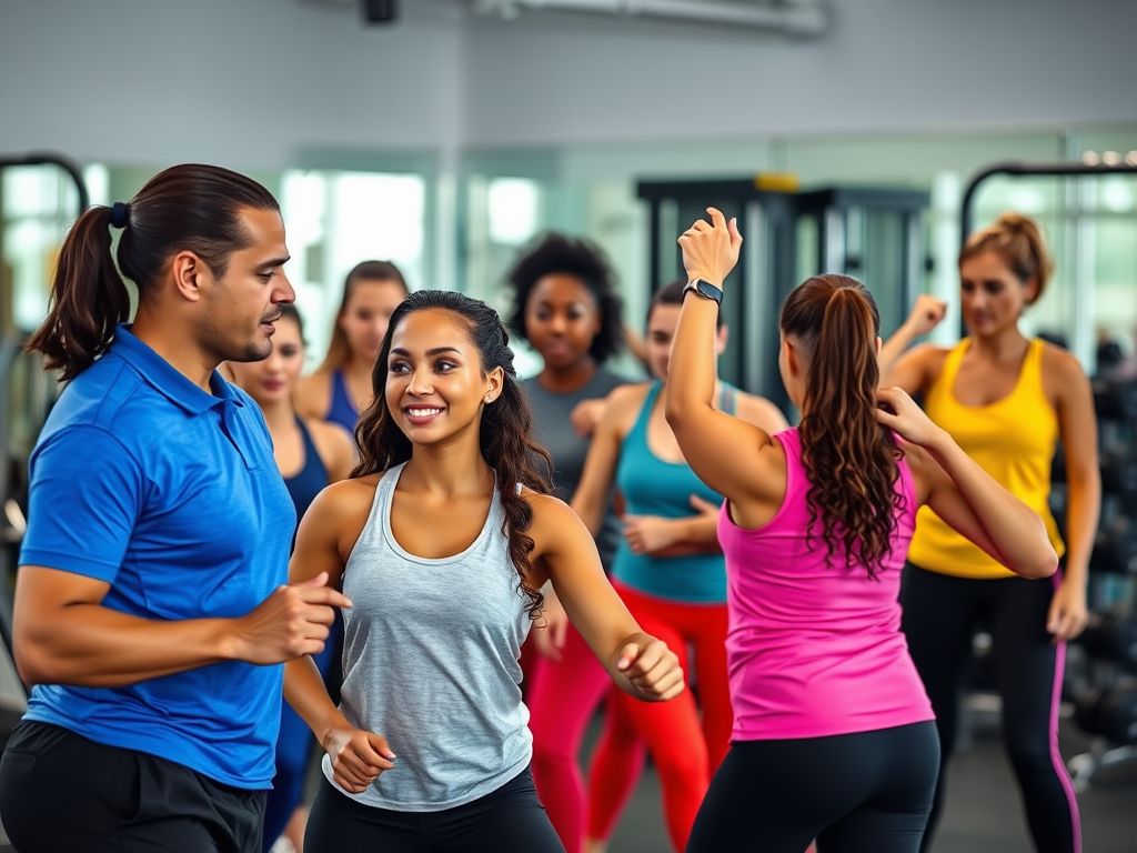 Een energieke fitnessles met diverse trainers en een instructeur.