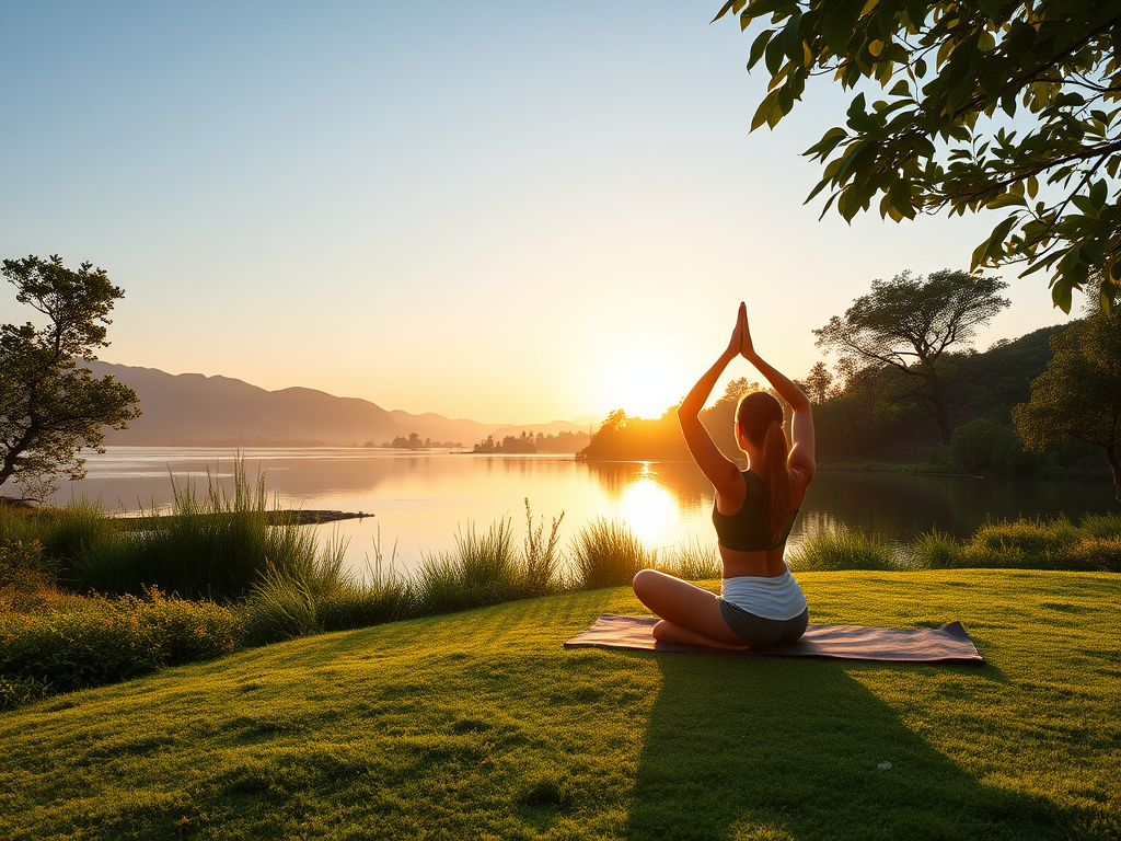 Een vrouw doet yoga bij zonsopgang aan het water.