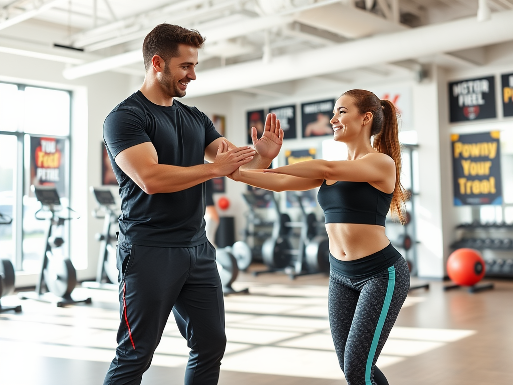 Een persoonlijke trainer toont een oefening aan een glimlachende cliënt in een lichte gym.