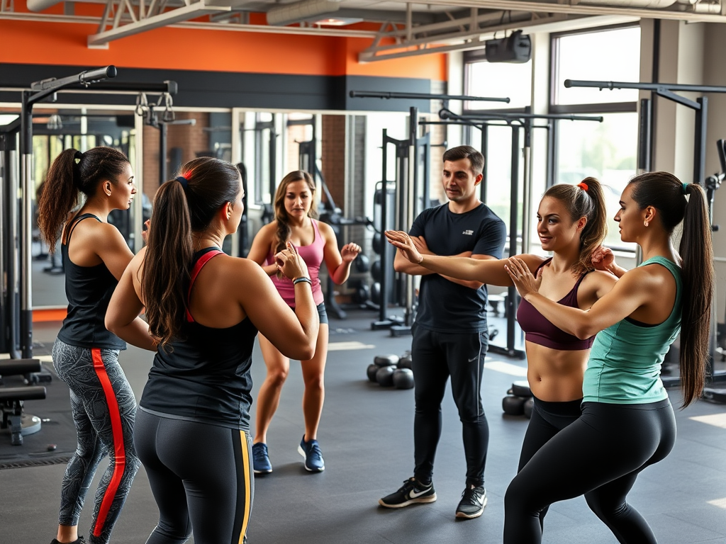 Een energieke fitnessles met diverse aspirant-trainers.