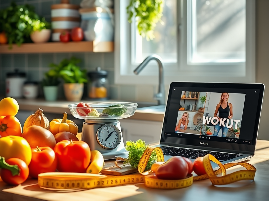 Een levendige keuken met fruit, groenten en een laptop.