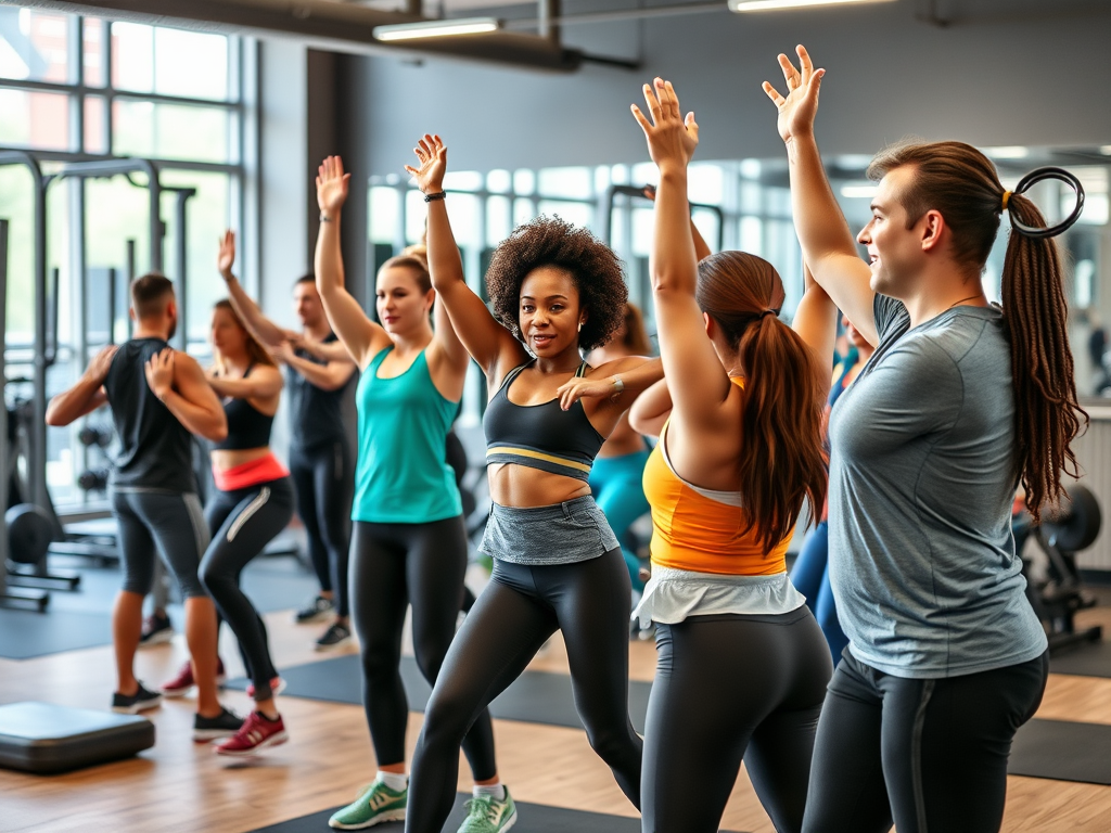 Een levendige fitnessles met een diverse groep trainers.