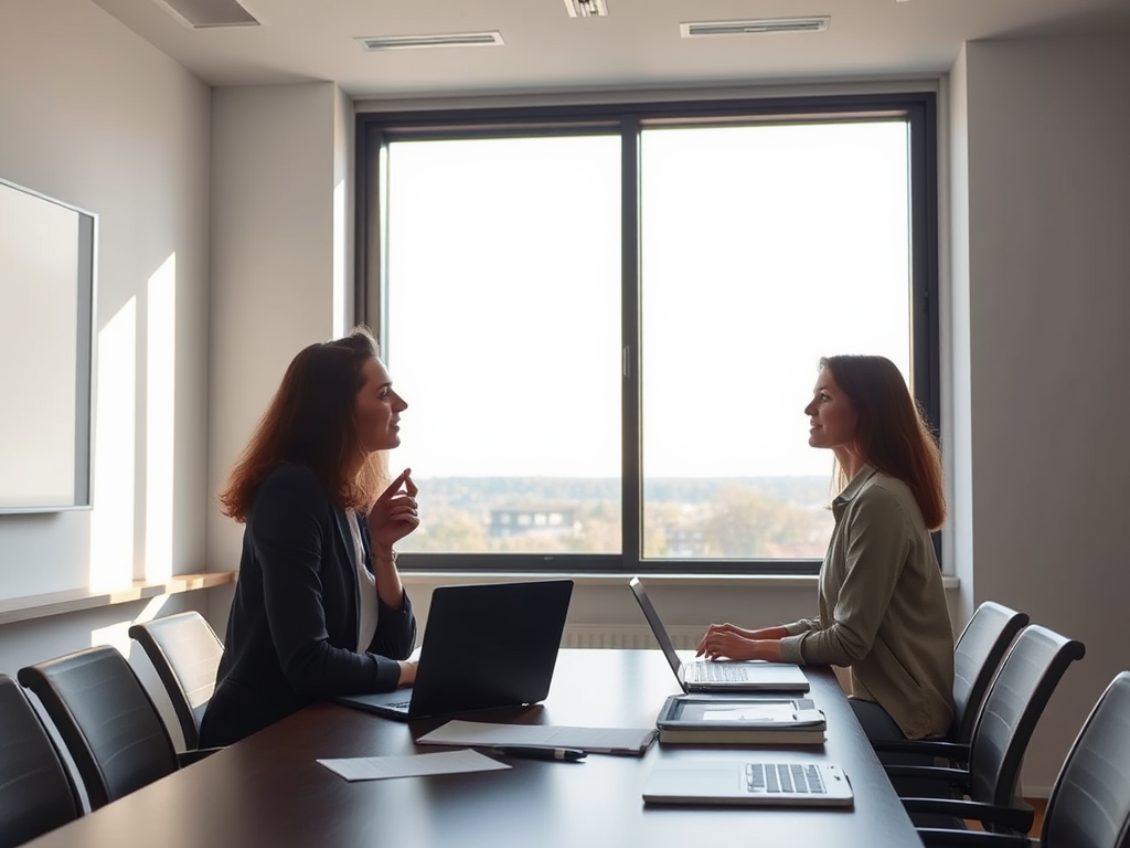 Een rustige trainingsruimte met een trainer en student in gesprek.
