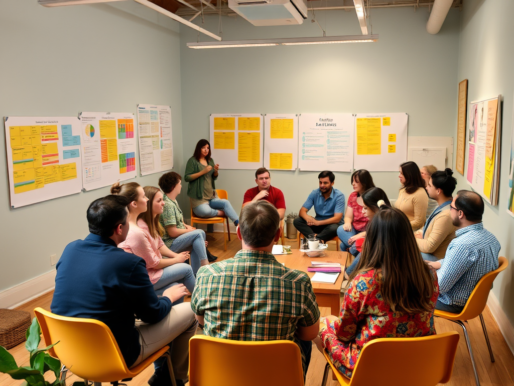 Een levendige workshop met diverse deelnemers in gesprek.
