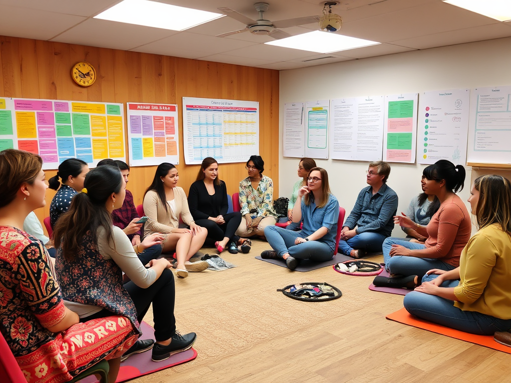 Een diverse groep deelnemers in een workshopsetting, actief in gesprek.