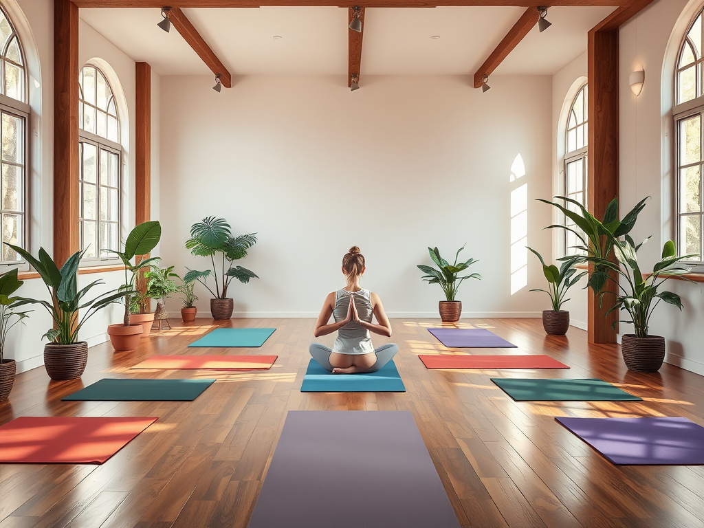 Een serene yogastudio met planten en kleurrijke matten.