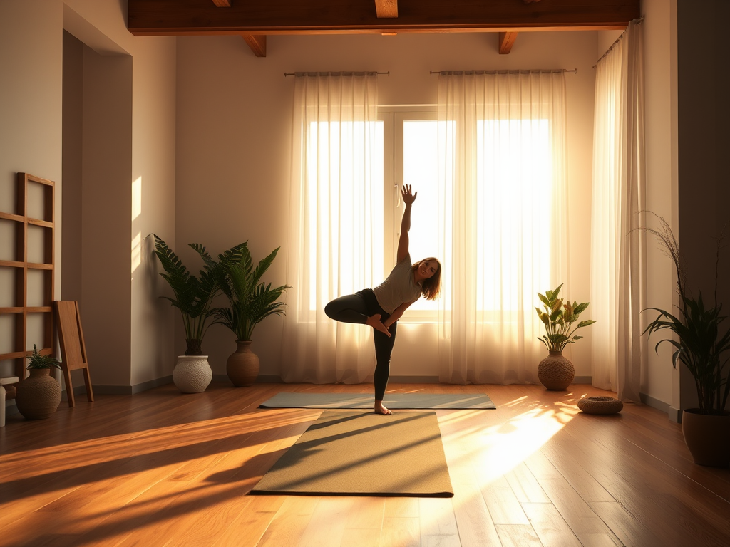 Rustgevende yoga studio met persoon in balanshouding, zacht natuurlijk licht.