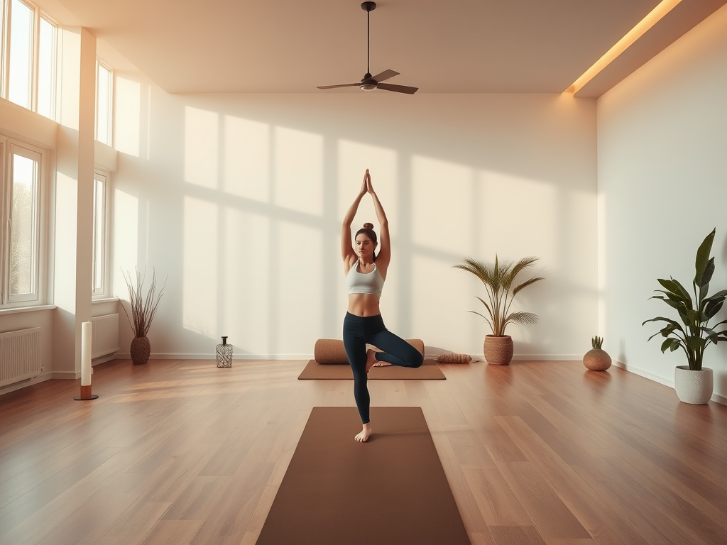 Rustige yoga studio met persoon in balanshouding, natuurlijke lichtinval.