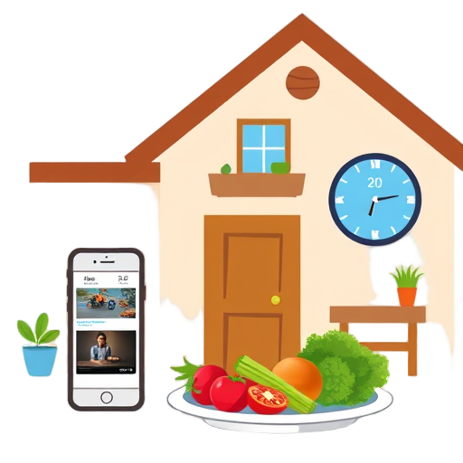 Binnenhuis met smartphone en verse groenten op tafel