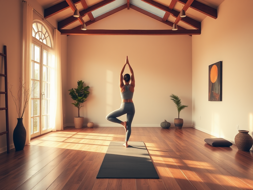 Rustgevende yoga studio met persoon in balanspose, zachte natuurlijke verlichting.