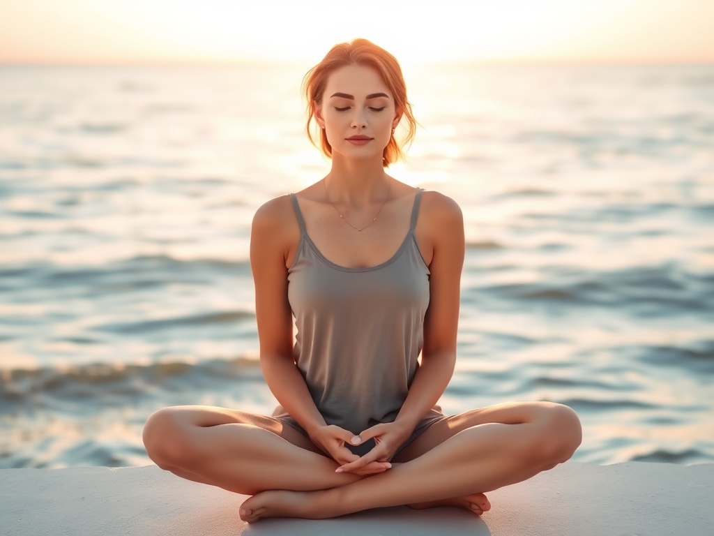 "Calm woman sitting cross-legged" "soft morning light" "gentle ocean waves in background" "soft pastel colors" "serene, peaceful expression"