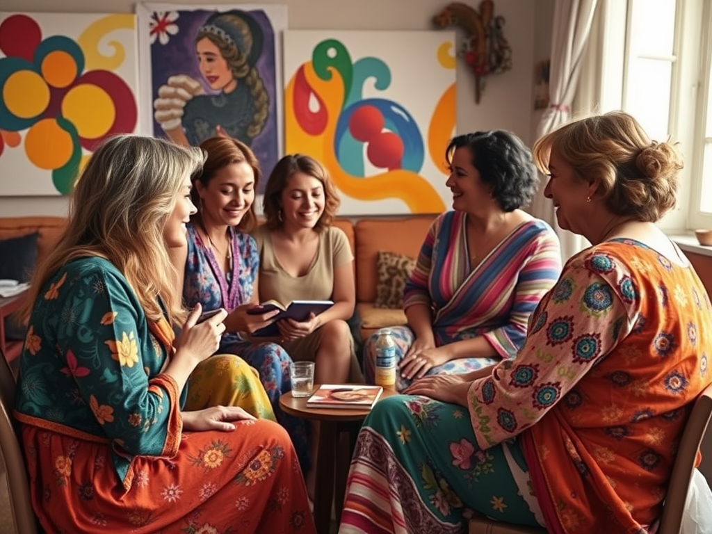 Vijf vrouwen delen verhalen in een kleurrijke ruimte.