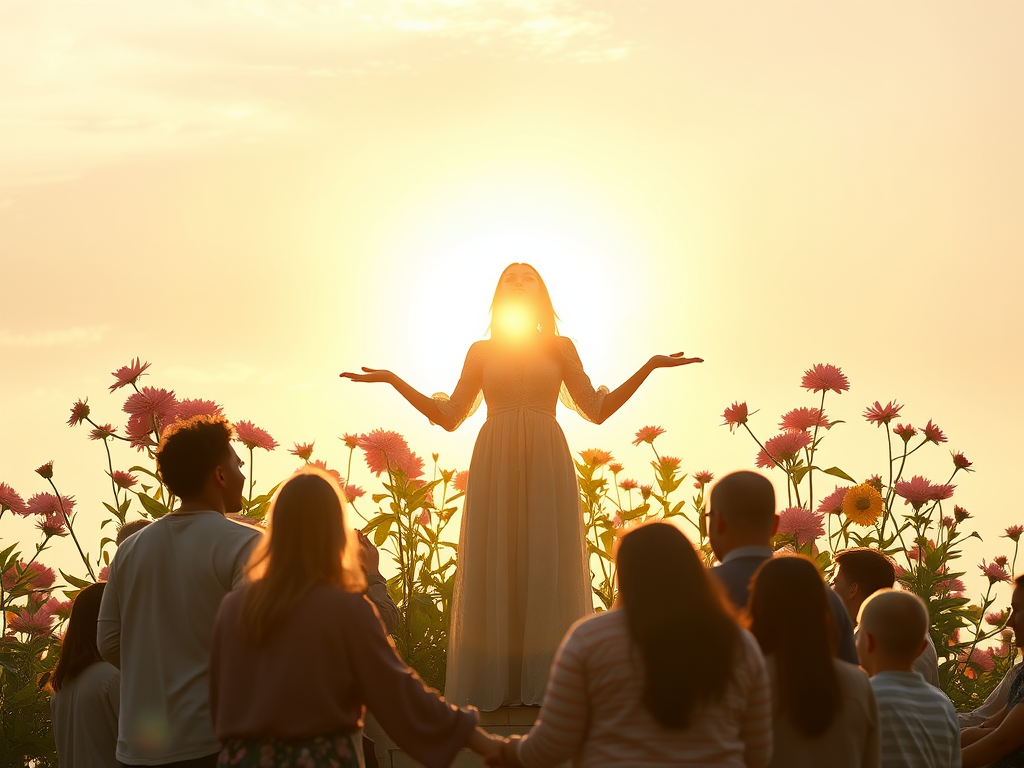 A radiant woman standing tall "sunrise background" surrounded by blooming flowers "soft glowing light" symbolizing growth and confidence "uplifting, warm atmosphere" diverse group in supportive circle "empowerment vibe" bright sky with gentle rays.