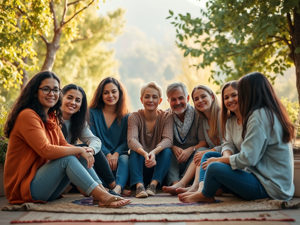 "a diverse group of serene people sitting in a cozy circle" "soft warm lighting" "peaceful nature background" "expressions of growth, confidence, and inner strength" "gentle supportive atmosphere"