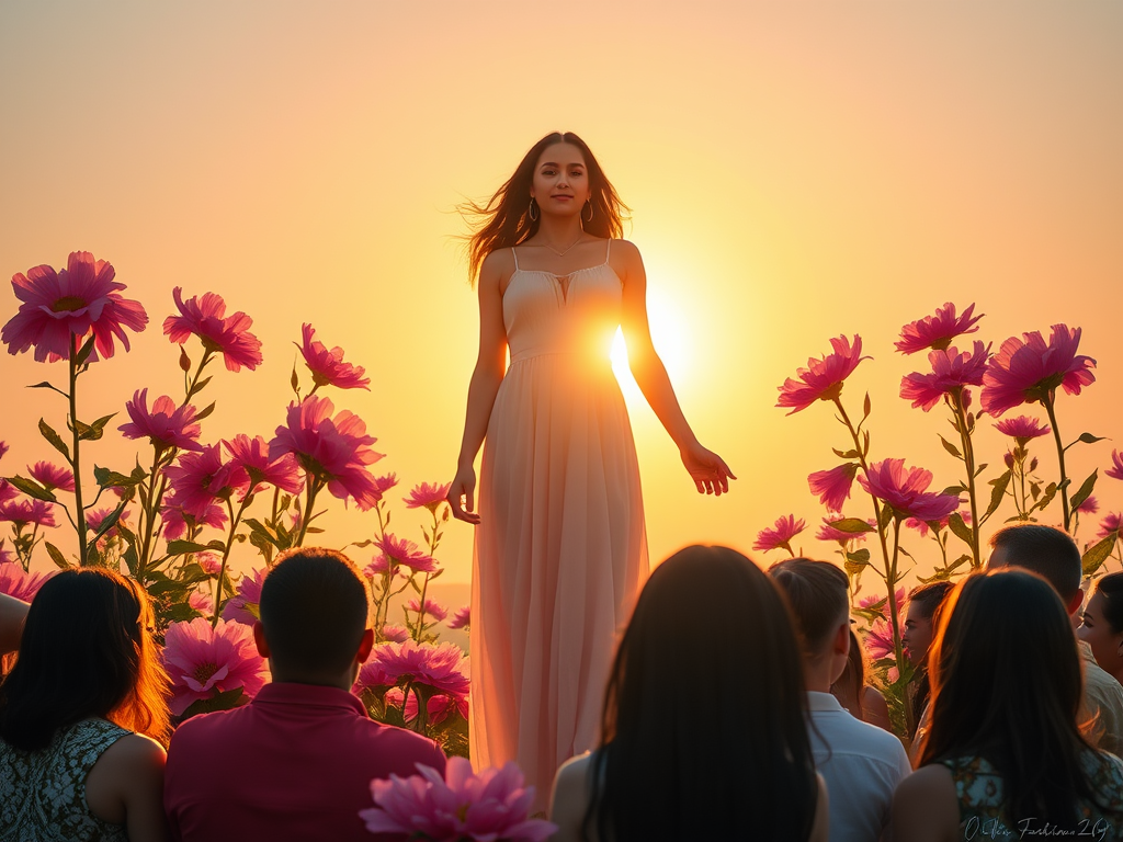 A radiant woman standing tall "sunrise background" surrounded by blooming flowers "soft glowing light" symbolizing growth and confidence "uplifting, warm atmosphere" diverse group in supportive circle "empowerment vibe" bright sky with gentle rays.