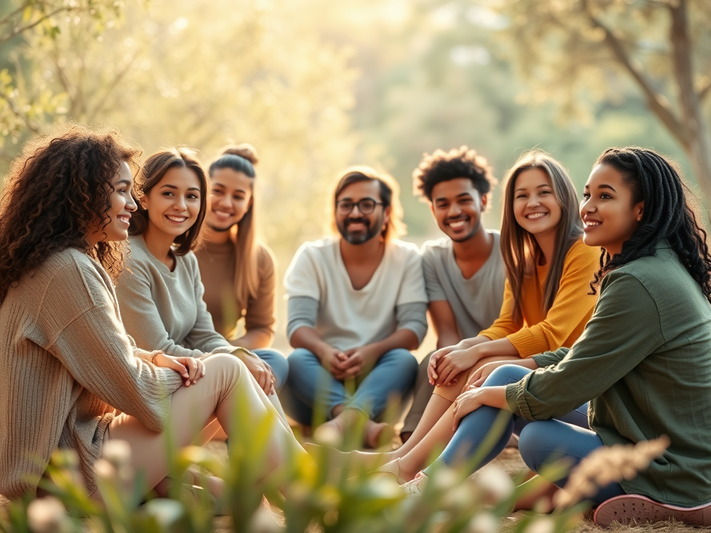 "a diverse group of serene people sitting in a cozy circle" "soft warm lighting" "peaceful nature background" "expressions of growth, confidence, and inner strength" "gentle supportive atmosphere"