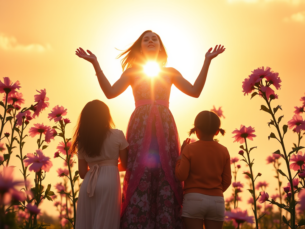A radiant woman standing tall "sunrise background" surrounded by blooming flowers "soft glowing light" symbolizing growth and confidence "uplifting, warm atmosphere" diverse group in supportive circle "empowerment vibe" bright sky with gentle rays.