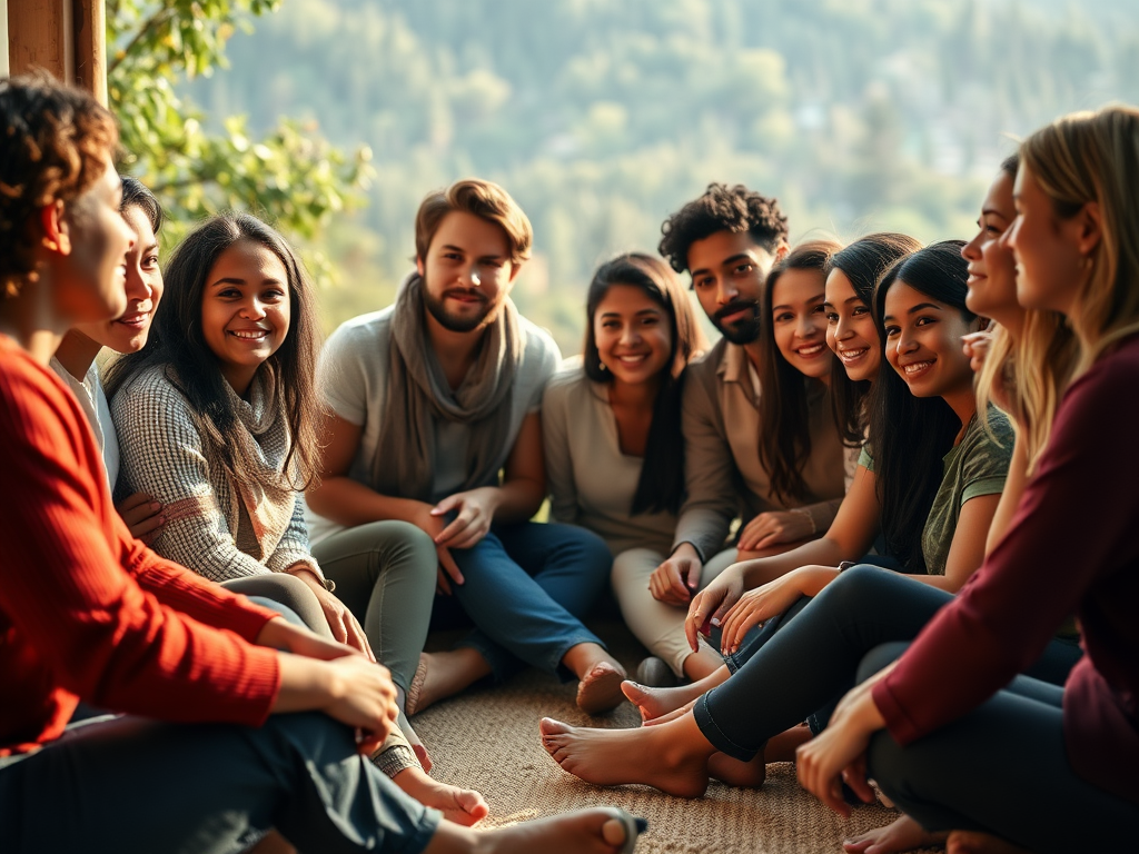 "a diverse group of serene people sitting in a cozy circle" "soft warm lighting" "peaceful nature background" "expressions of growth, confidence, and inner strength" "gentle supportive atmosphere"