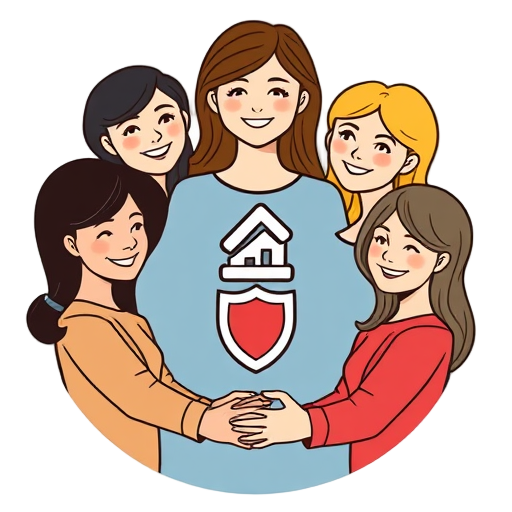 "group" "women" "circle" "holding hands" "smiling faces" "growth symbols" "step ladder" "light bulb" "shield" "heart"