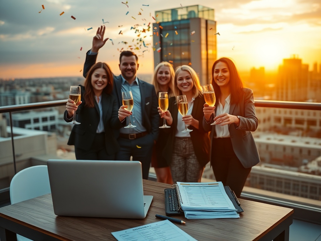 "diverse happy professionals celebrating" "modern office rooftop at sunset" "confetti and champagne" "laptop with calendar and checklist on table" "warm cinematic lighting"
