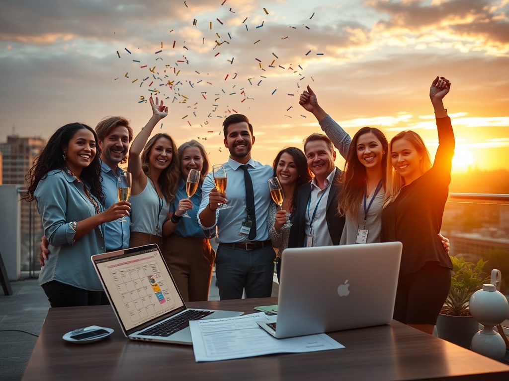 "diverse happy professionals celebrating" "modern office rooftop at sunset" "confetti and champagne" "laptop with calendar and checklist on table" "warm cinematic lighting"