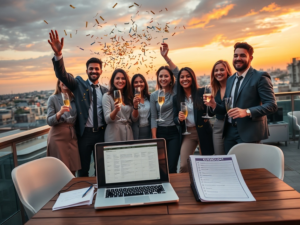 "diverse happy professionals celebrating" "modern office rooftop at sunset" "confetti and champagne" "laptop with calendar and checklist on table" "warm cinematic lighting"