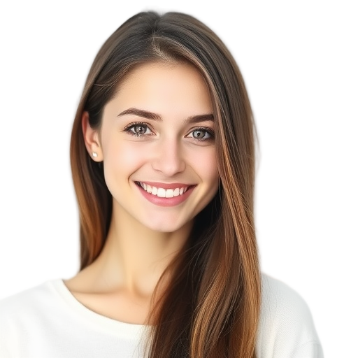 A smiling person with long hair against a white background.