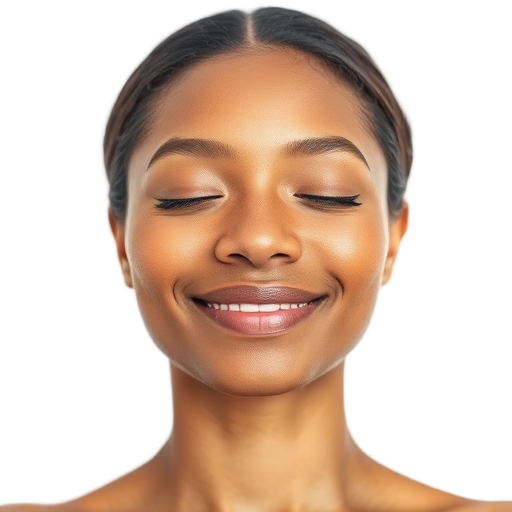 A smiling person with closed eyes against a white background.