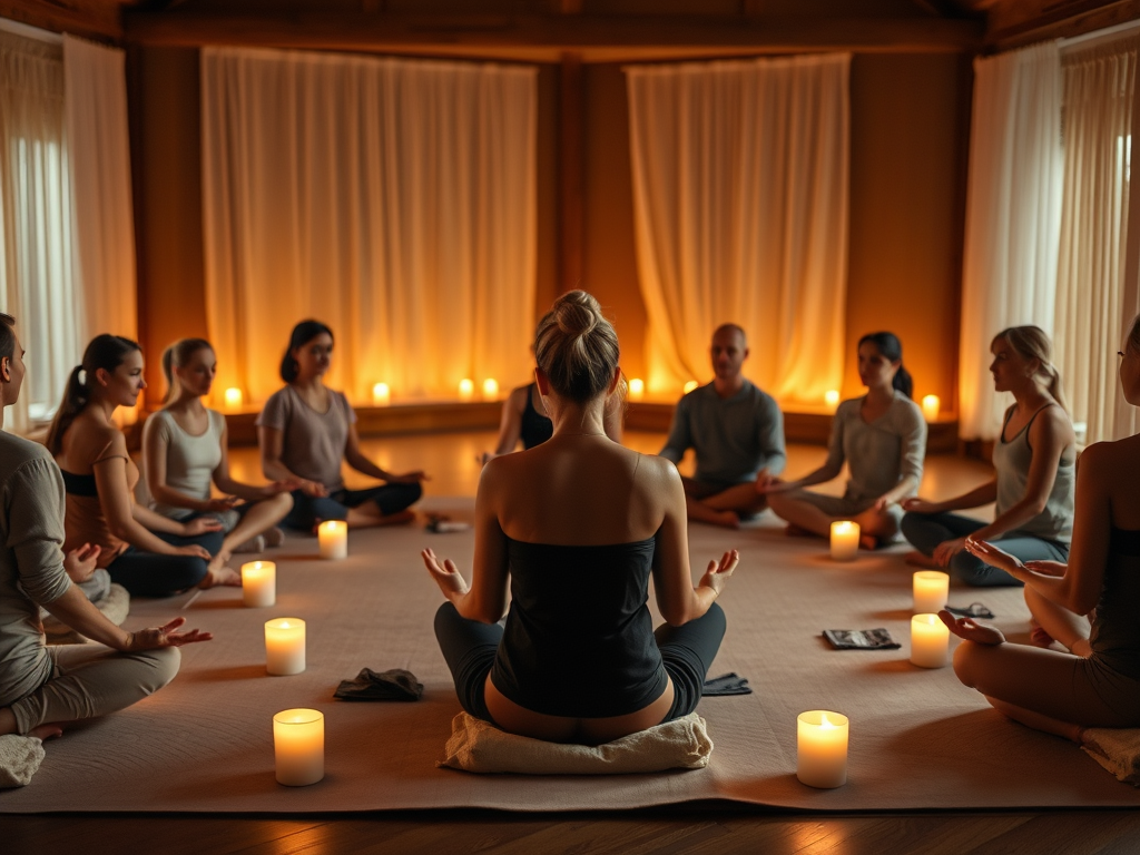 Group meditation session in a candlelit room.