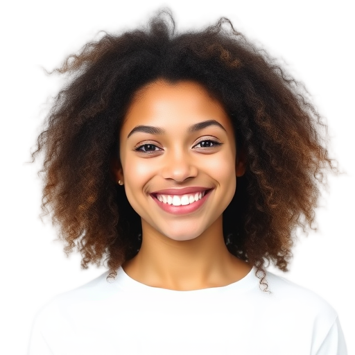 Smiling person with curly hair against a white background.