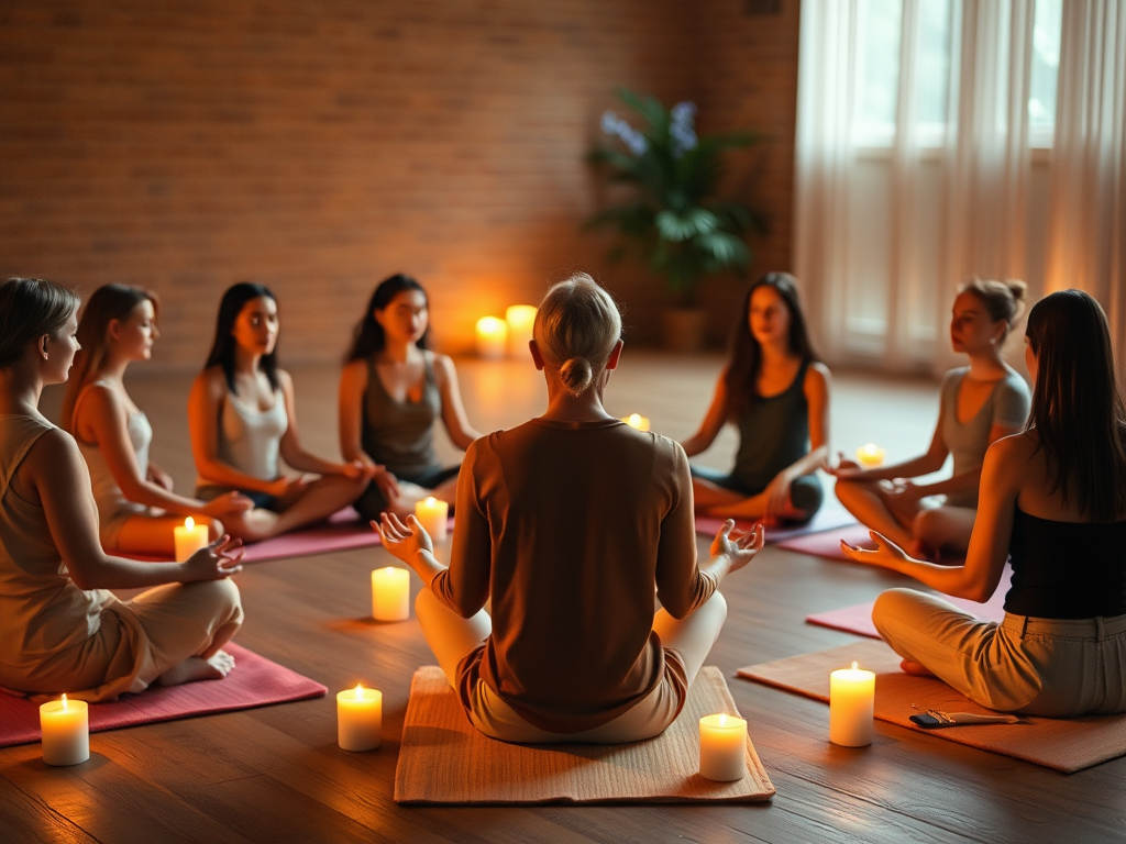 A peaceful group meditation session with candlelight.