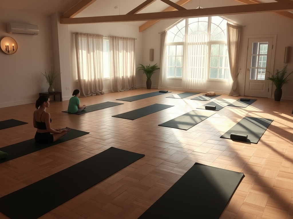 Serene yoga studio with mats and individuals meditating.