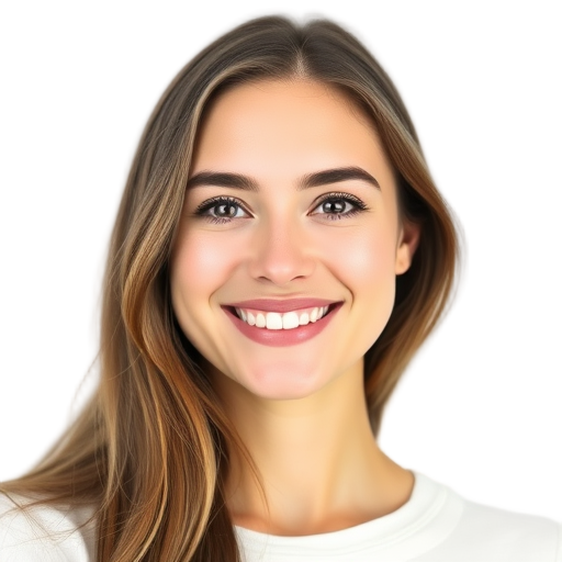 A smiling person with long hair against a white background.