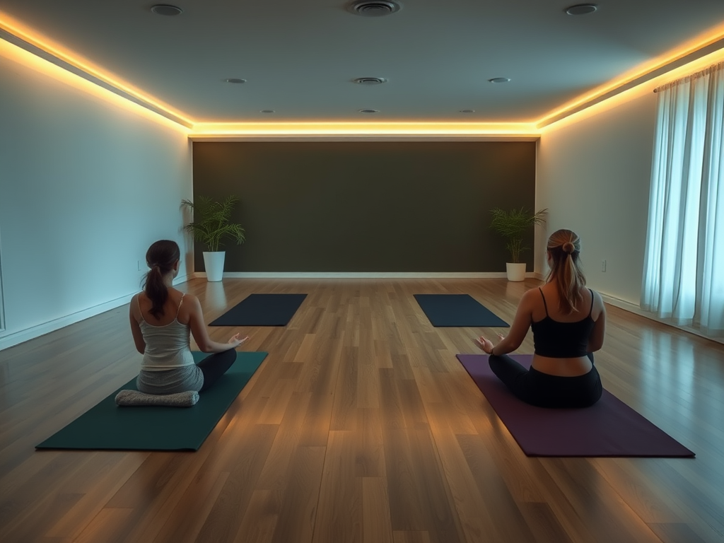Two individuals practicing yoga in a serene indoor space.