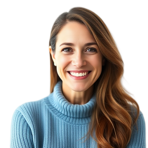 Smiling person in a blue sweater against a white background.