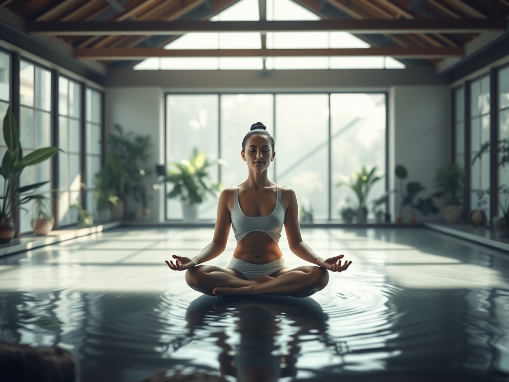A person meditating in a tranquil, plant-filled indoor space.