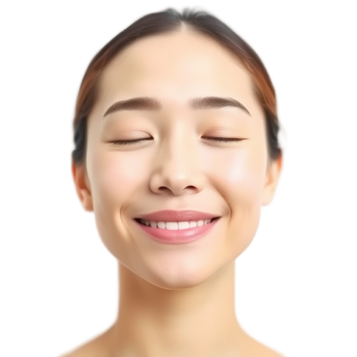 A person smiling with closed eyes against a white background.
