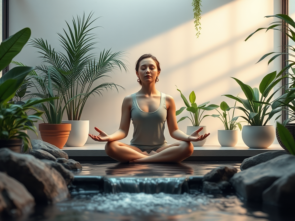 A person meditating in a tranquil indoor space.